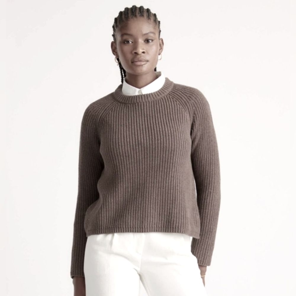Quince Organic Cotton Fisherman Crewneck Sweater in Heather Brown Womens Medium